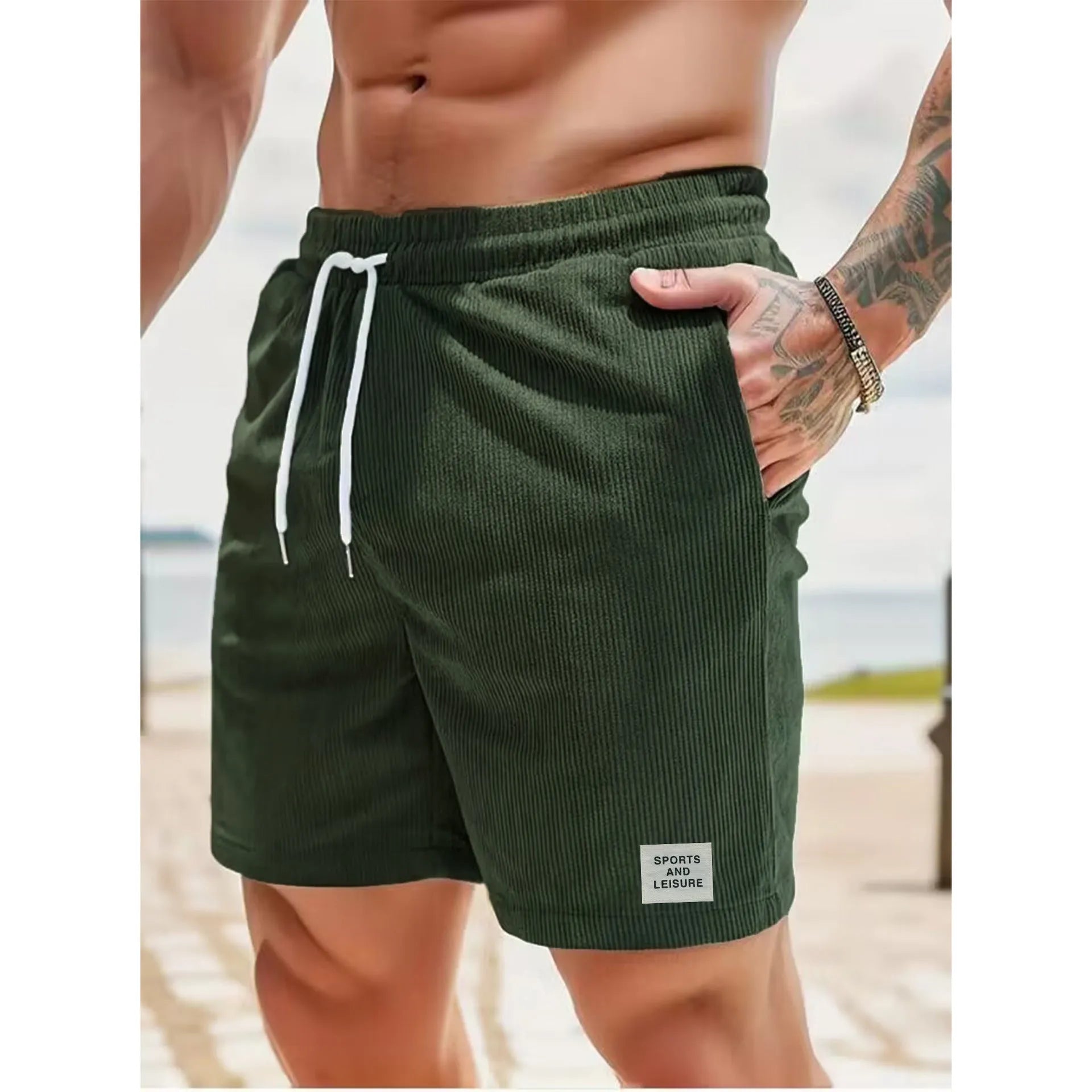Summer pure colour tie-waist corduroy sports running pants for men and women in breathable polyester fibre