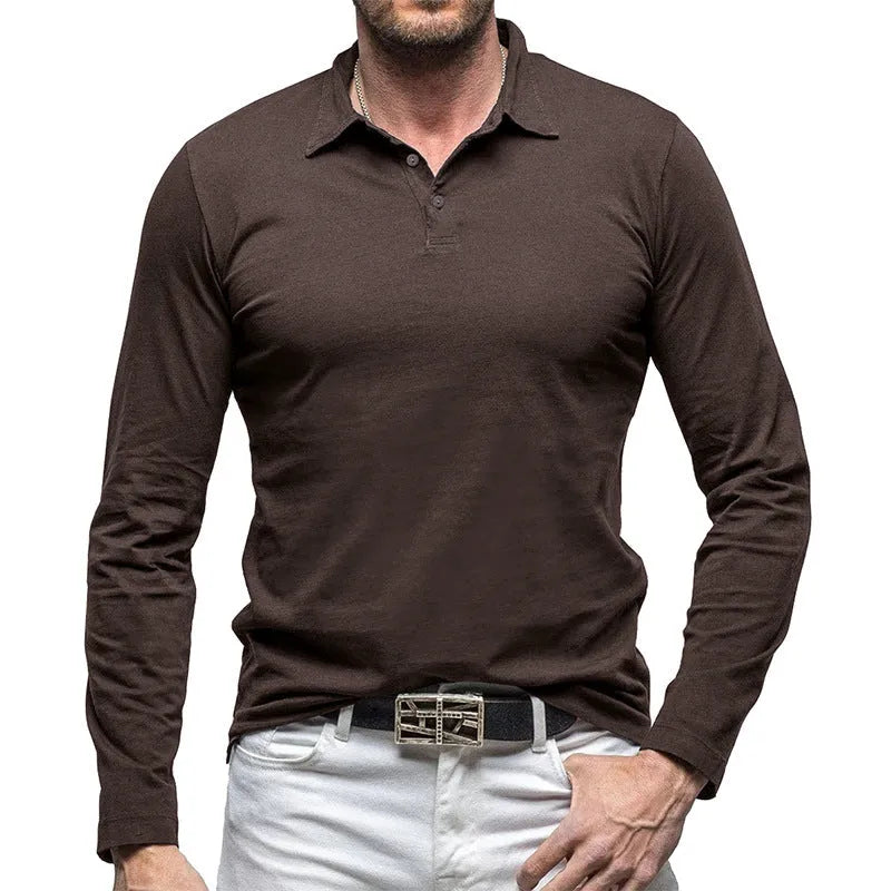 Men's dark grey long sleeve cotton t-shirt with a polo collar, American retro style, laid flat.
