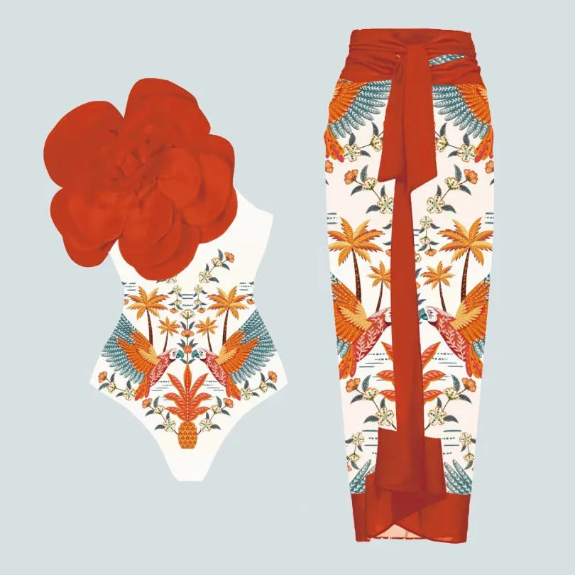 Women's floral print one-piece swimsuit with wrap skirt in polyester fabric