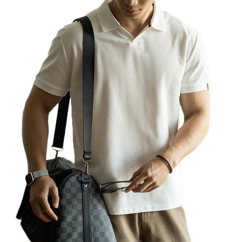 American-style short-sleeved polo shirt in blue, black, or white on a hanger.