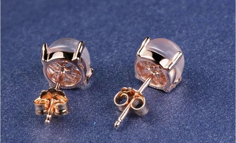 Rose gold drop stud earrings with synthetic ross quartz stone, Korean minimalist style