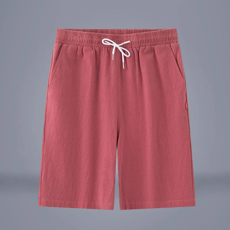 Chinese-style solid colour cropped trousers in cotton linen fabric with drawstring mid-waist