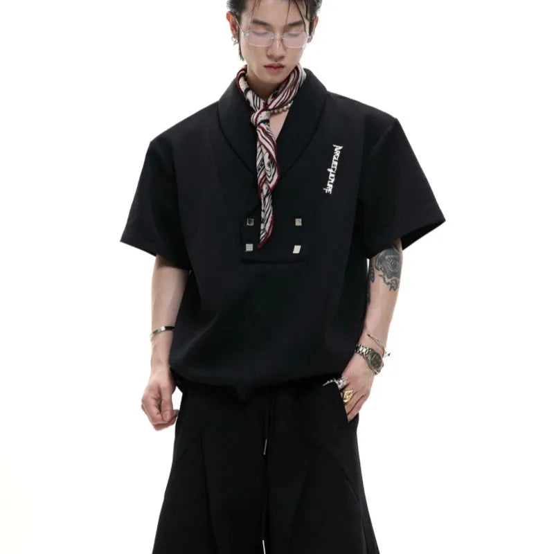 Men's dark grey metal embellished cotton sports suit with padded shoulder jacket and matching shorts