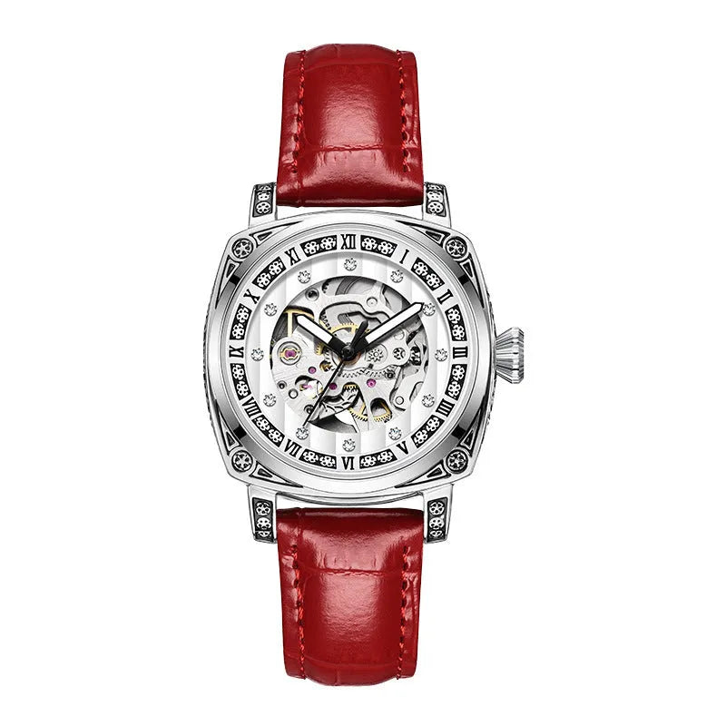 Mechanical watch with luminous hands on a leather strap, showing colour options of black, red, steel, and white dials.