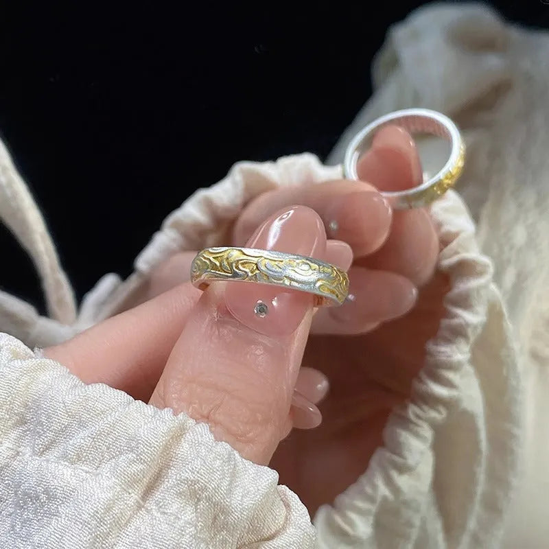 White copper adjustable ring with geometric Xiangyun pattern in silver gold electroplated finish