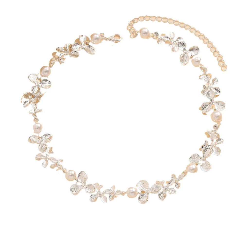 Bright silver flower pearl curved needle necklace on alloy clavicle chain, geometric pendant, vacation style