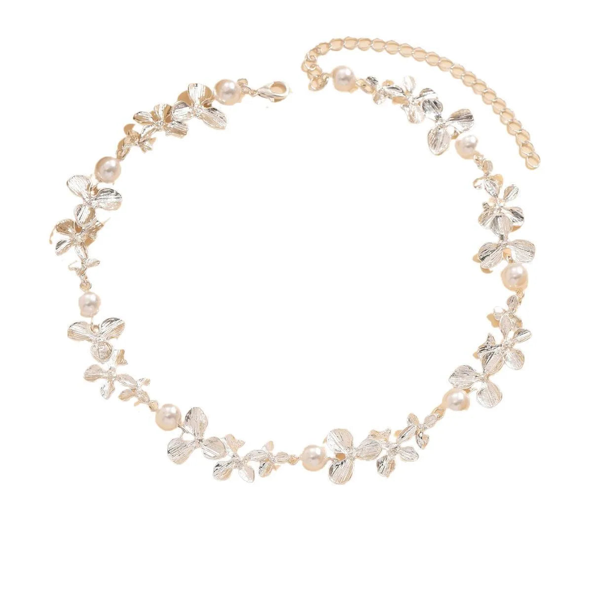 Bright silver flower pearl curved needle necklace on alloy clavicle chain, geometric pendant, vacation style