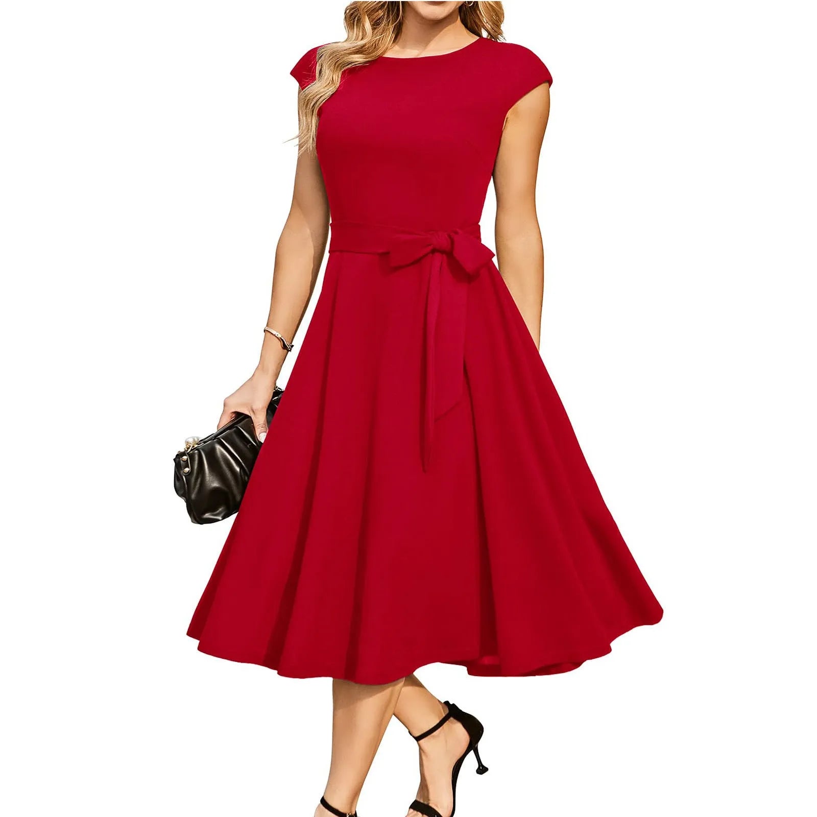 Sleeveless black formal dress with lace-up waist and oversized swing skirt