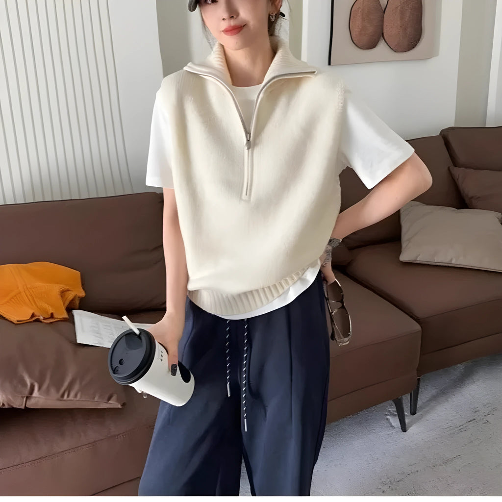 Retro half zipper sleeveless knit vest in polyester mesh with 3D pattern texture
