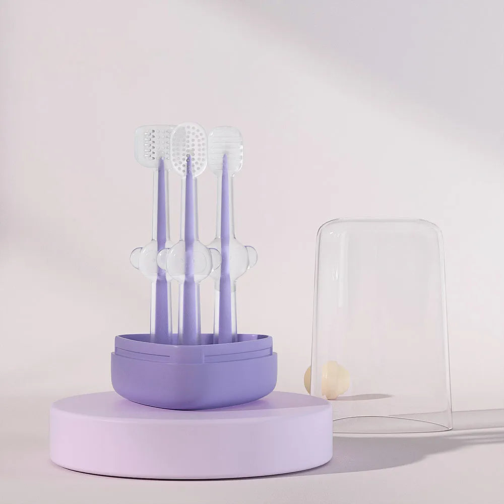 Purple silicone pet toothbrush for cat and dog dental care with soft bristles