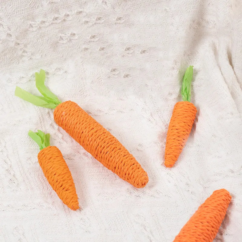 Interactive cat toys set showing carrot bites paper toys, ringing stones, cat sticks, and dental grinding sticks