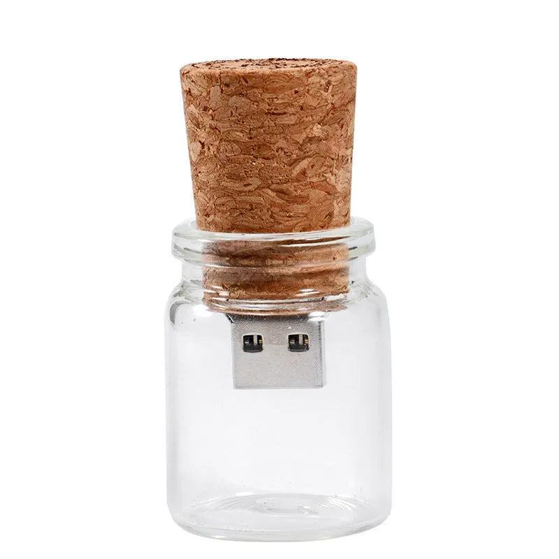 Personalised wooden drift bottle USB flash drive in chocolate brown with custom graphics