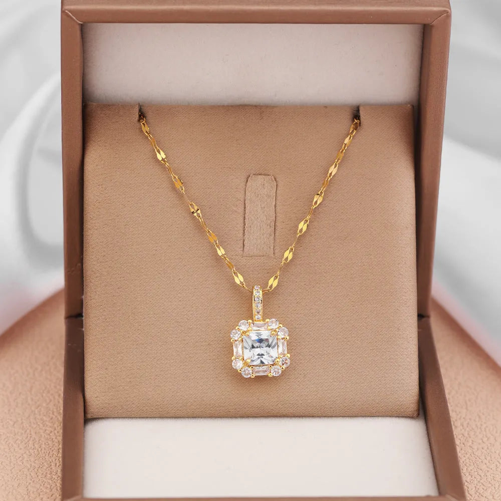 Women's titanium steel clavicle chain with geometric mixed gem pendant in T8052 gold colour
