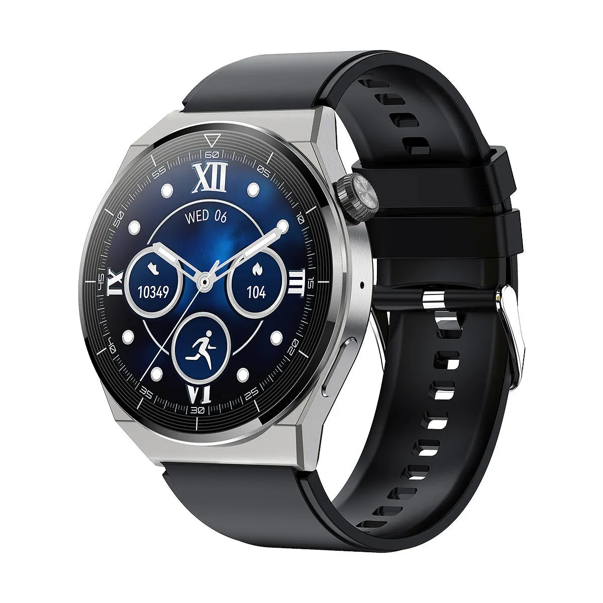 Black Bluetooth smart watch with round 1.36-inch display and silicone strap showing calling and NFC functions