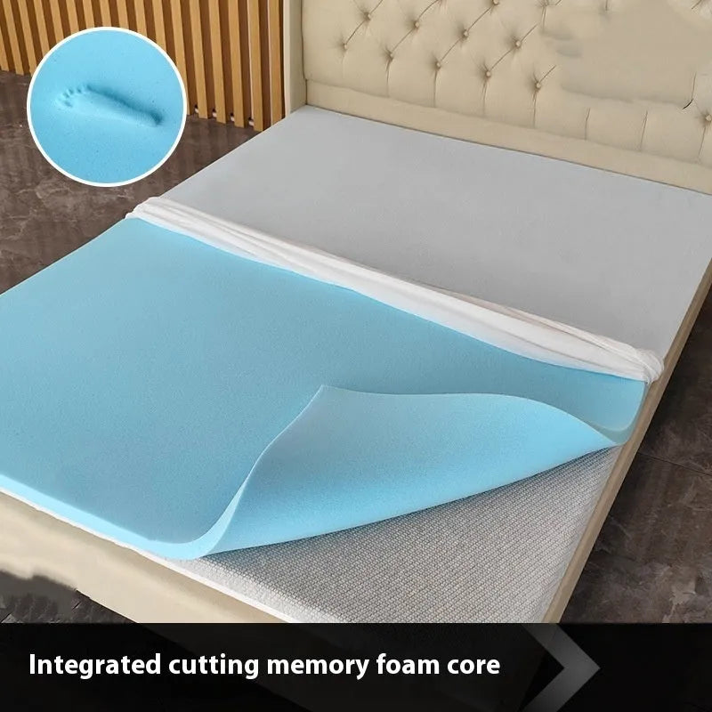 Thin gel memory foam mattress on a tatami mat, showing side profile with thickness options.