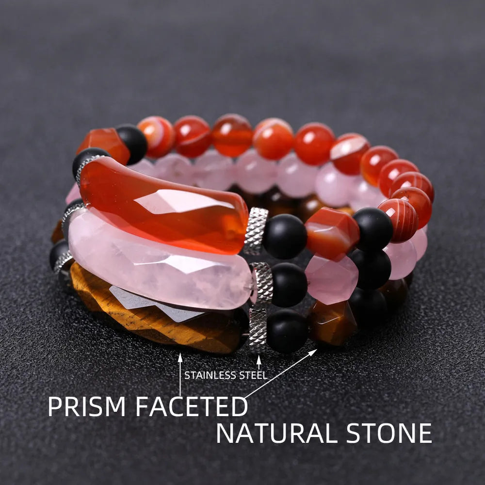 Handmade geometric bracelet with diamond-cut black agate beads and fan-shaped design elements.