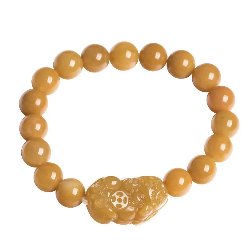 Golden thread jade bracelet with hand-carved money design showing two size options with jade beads