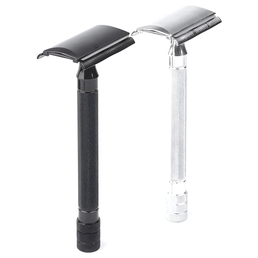 Traditional manual shaving set with safety razor, natural bristle brush and metal scraper tool