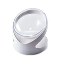 White elevated cat food bowl with clear tilted plastic design for dry and wet food