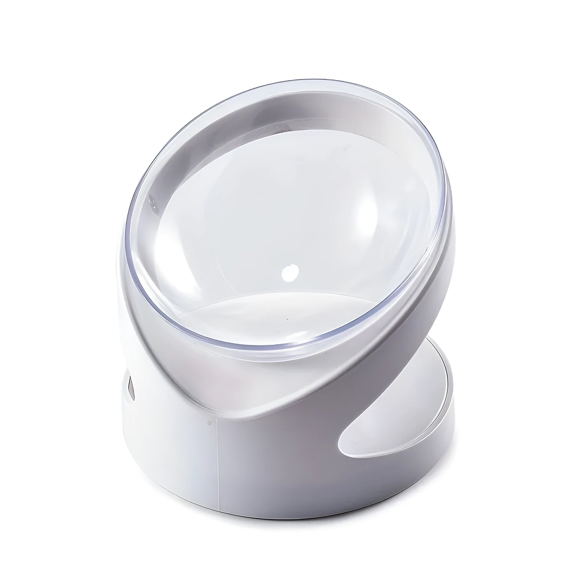 White elevated cat food bowl with clear tilted plastic design for dry and wet food