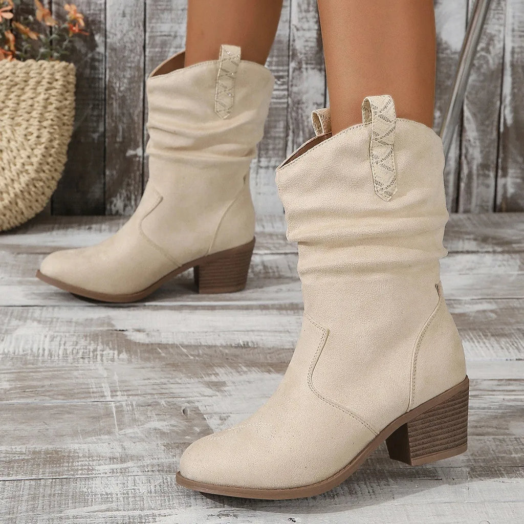 Mid calf suede women's boots with mid heel in Milky White colour