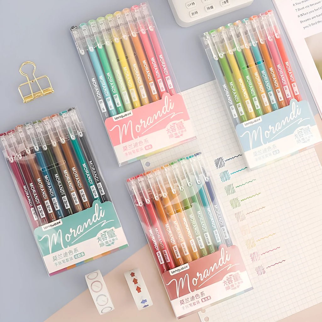 Set of nine retro-style gel pens with 0.5mm needle tips in assorted cute colours