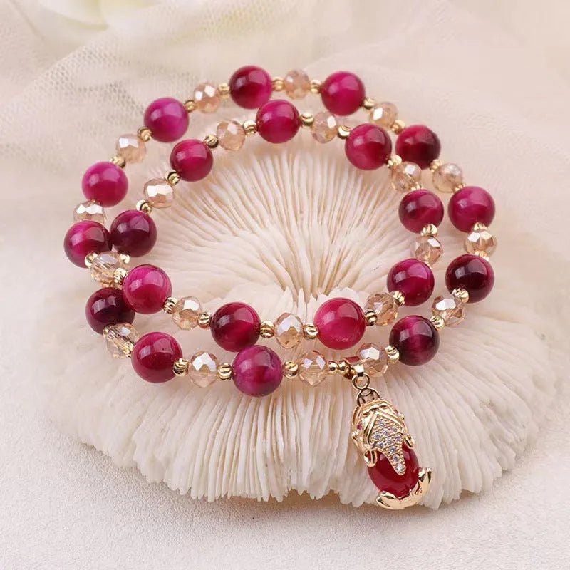 Handmade natural Vanves stone and Tigereye bead bracelet on single or double chain in green or rose red.
