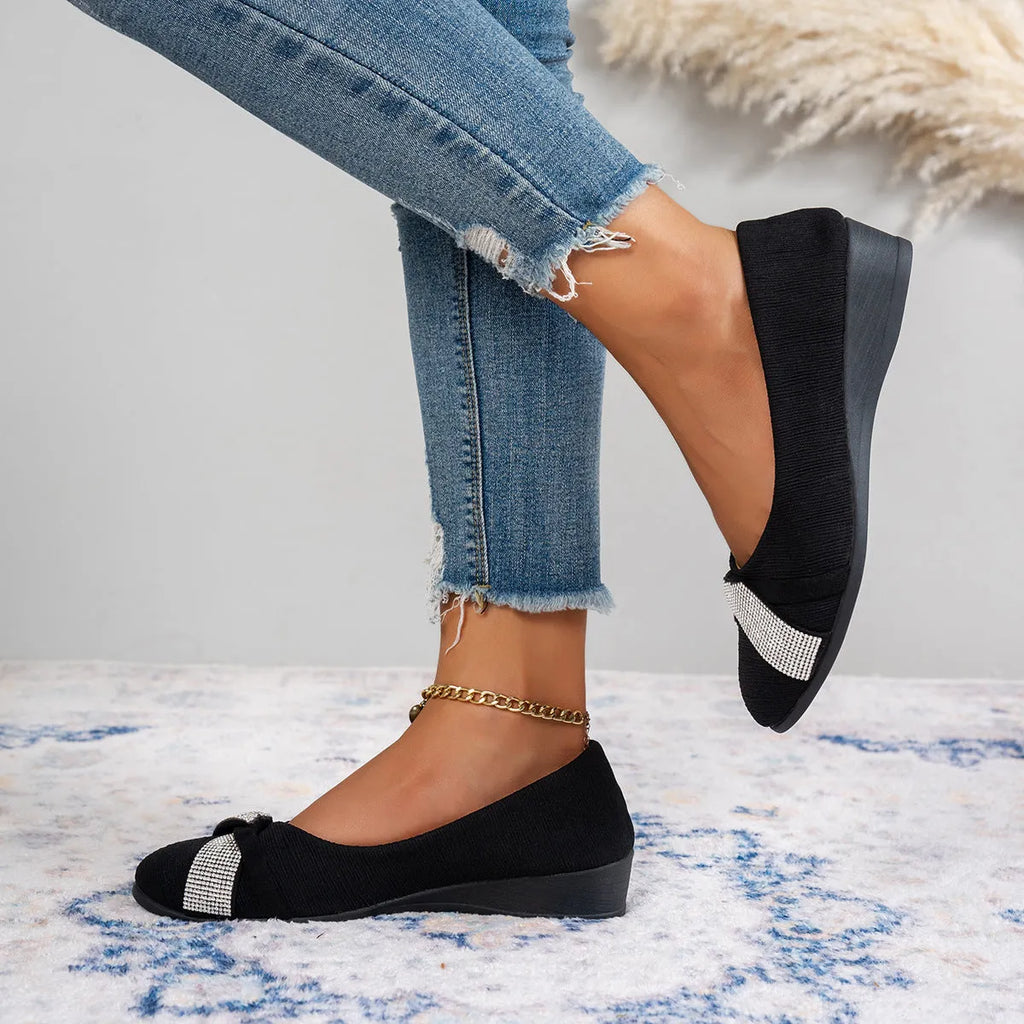 Black women's slip-on casual shoes with rhinestone decoration and chunky heel