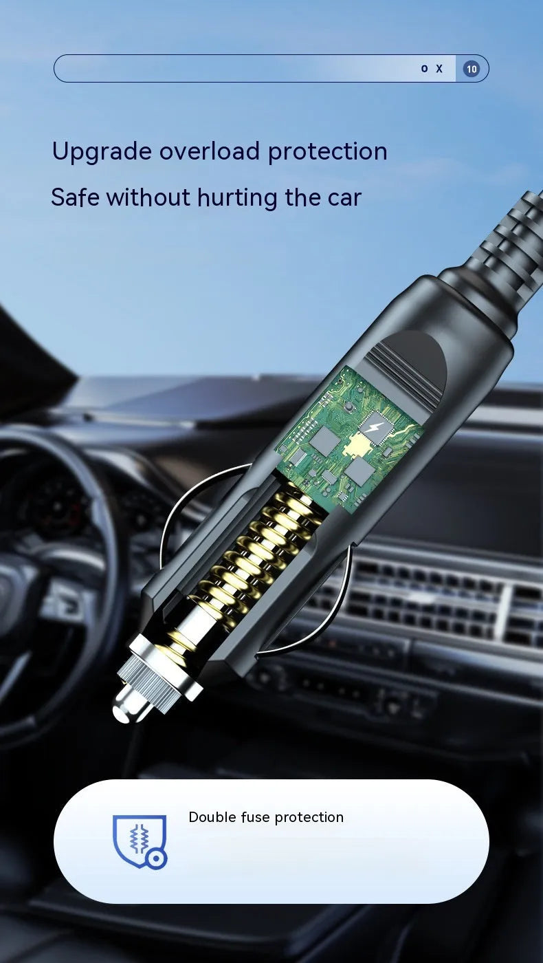 Compact black wireless car tyre inflator and vacuum cleaner with digital screen and LED light