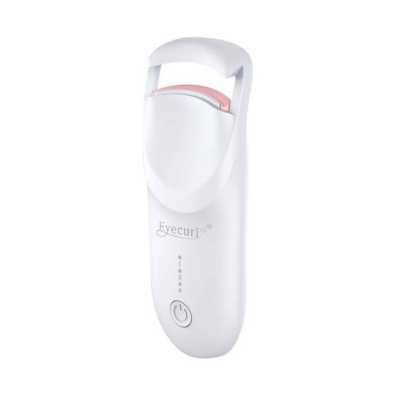 USB-C rechargeable electric eyelash curler in cream white, pink, or apricot with charging cable