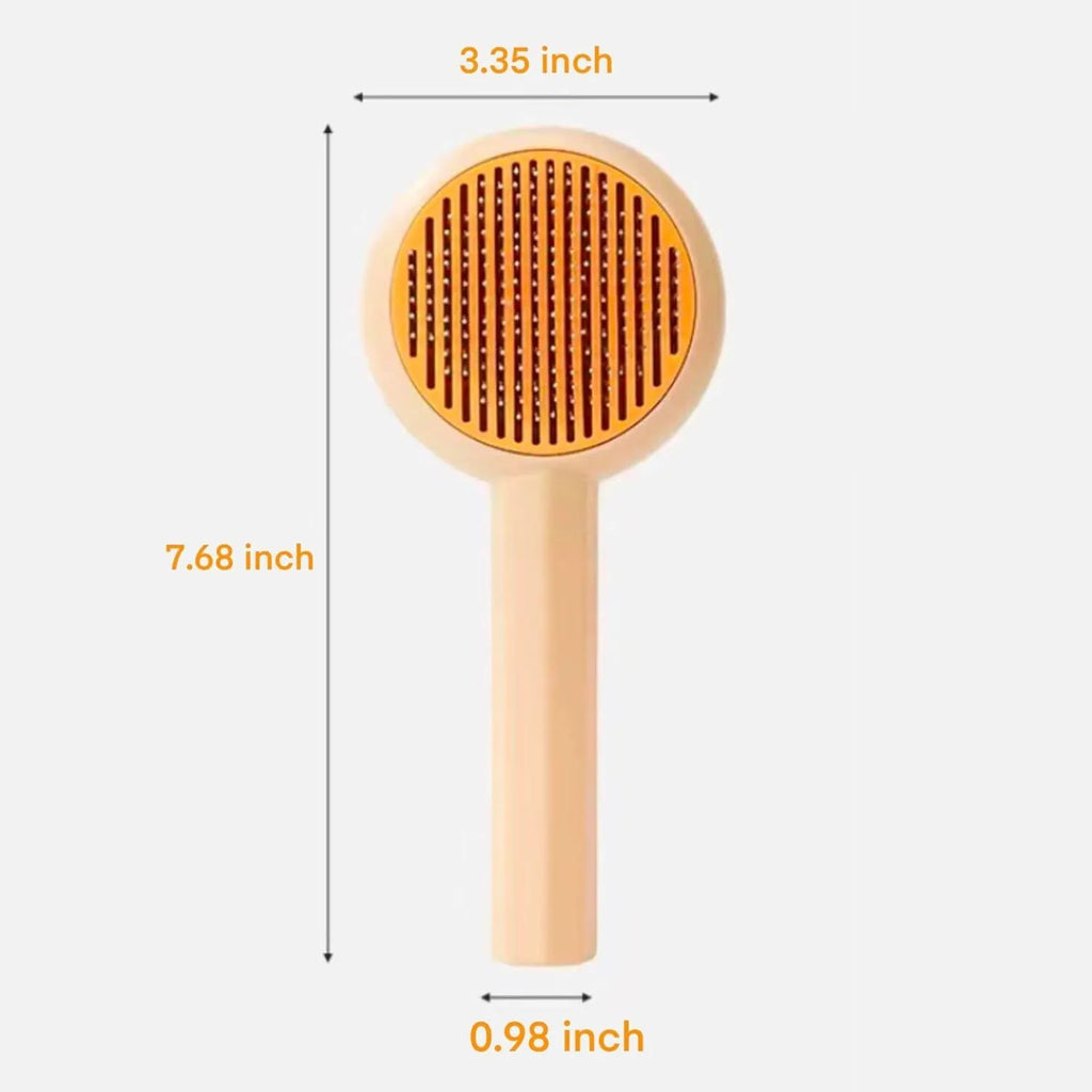 Blue pet grooming brush with self-cleaning button and angled metal bristles
