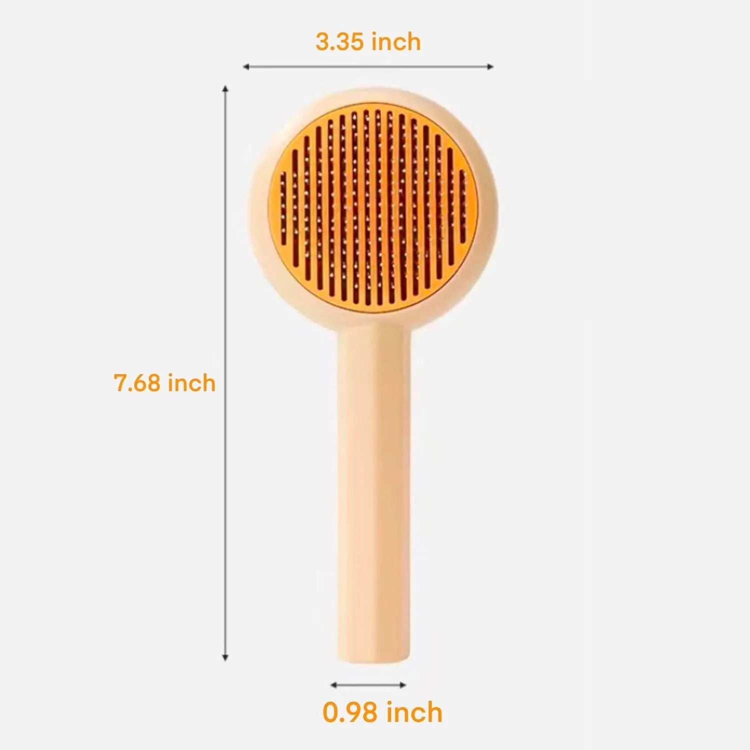 Blue pet grooming brush with self-cleaning button and angled metal bristles