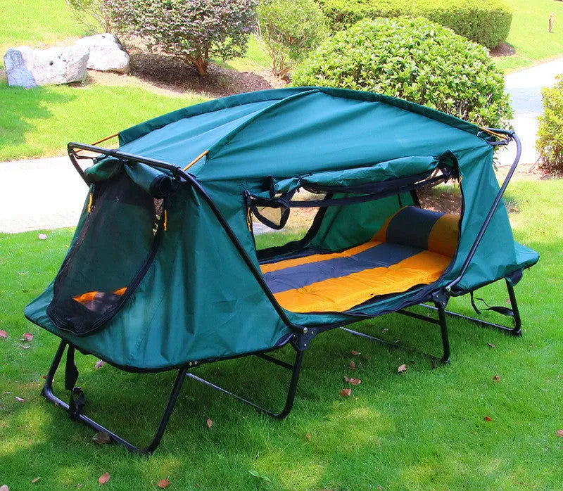 Outdoor thickened Oxford cloth insulated off ground tent for two camping and fishing, double decker, steel rods, 210x120x120cm, military green