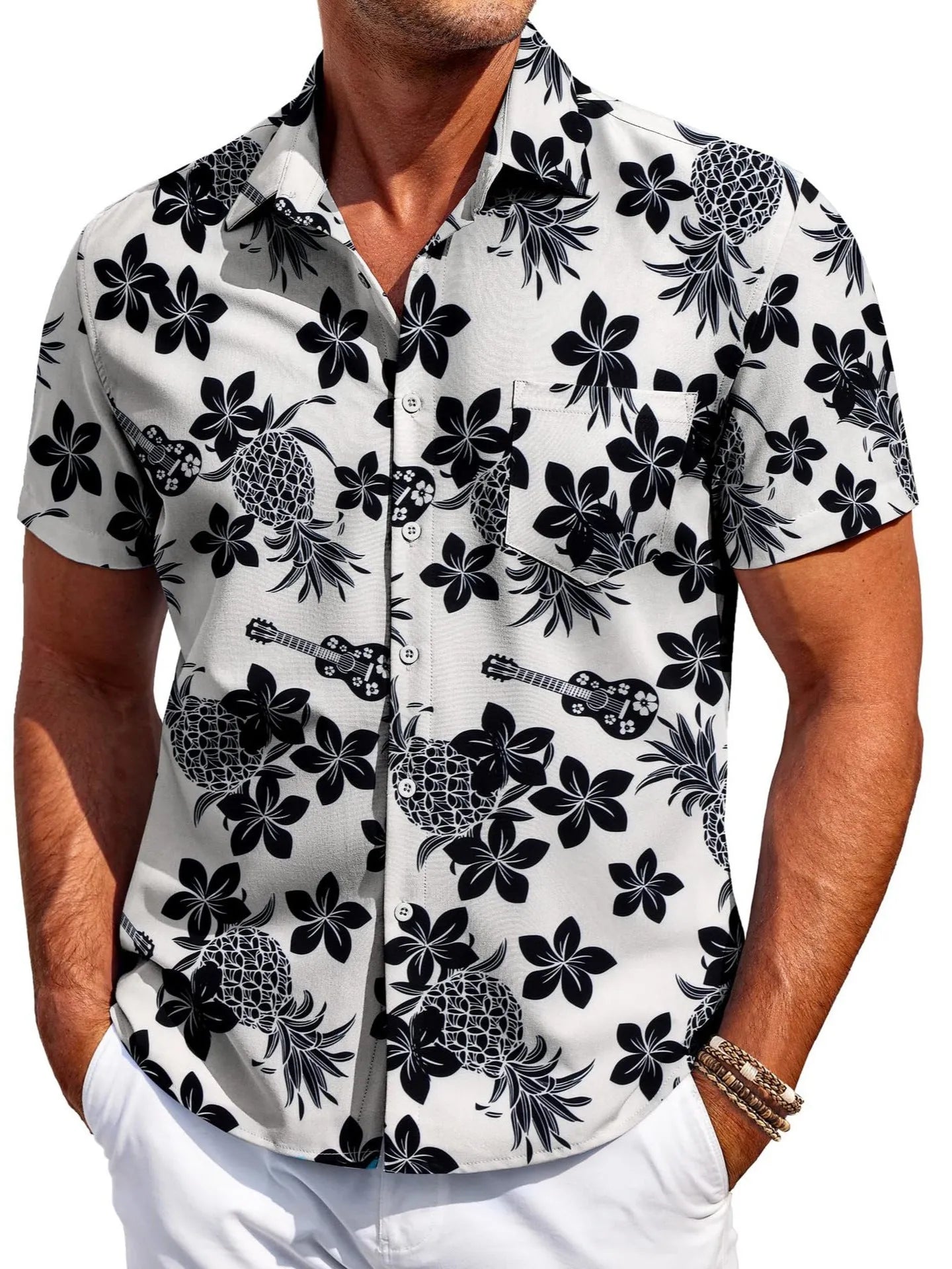 Men's slim fit Hawaiian short sleeve shirt in stretch polyester fabric showing colour options