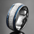 Blue carbon fiber inlaid stainless steel wedding ring, blue and silver finish, double-groove style, unisex sizes No 6 to No 13