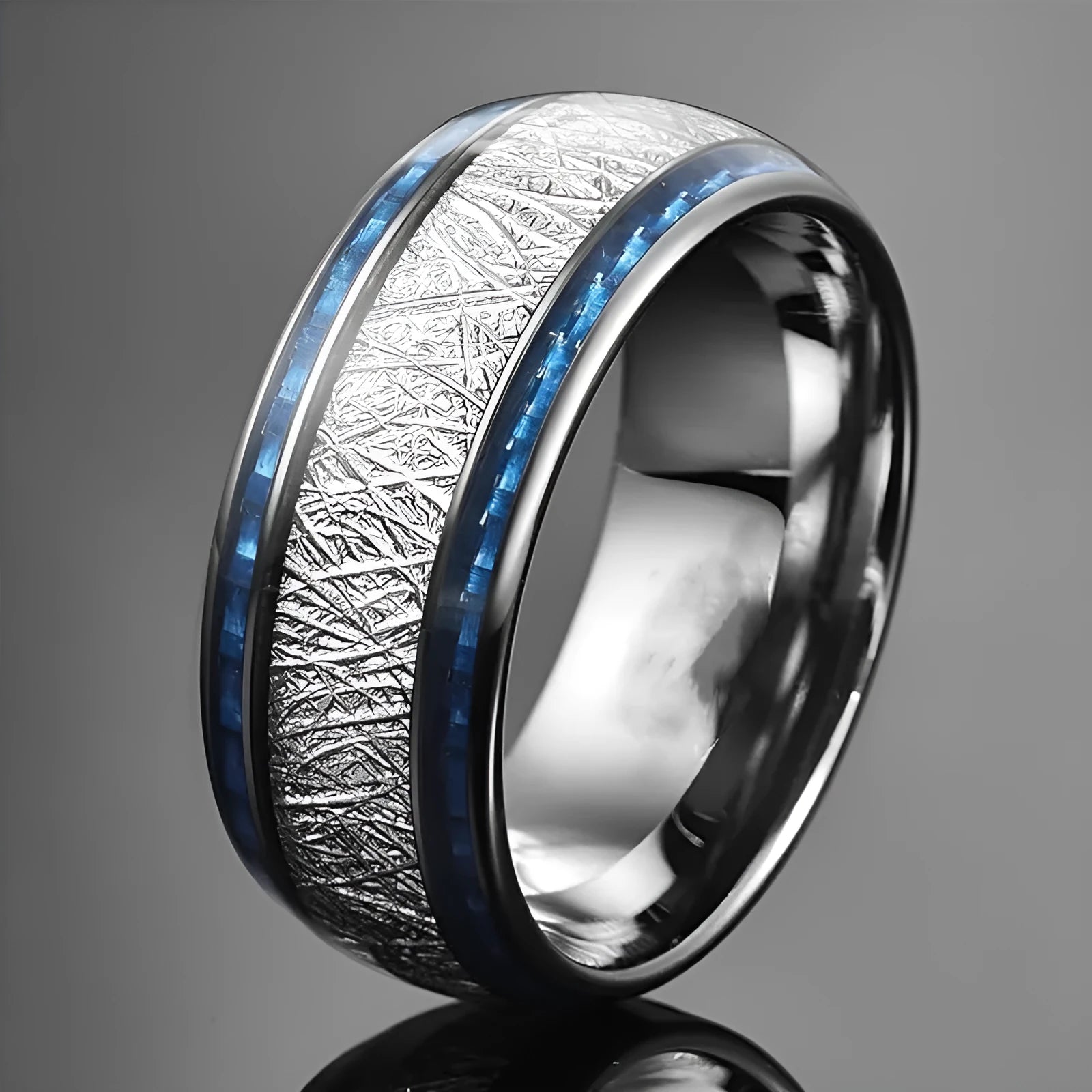Blue carbon fiber inlaid stainless steel wedding ring, blue and silver finish, double-groove style, unisex sizes No 6 to No 13