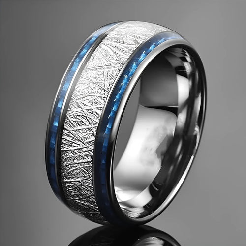 Blue carbon fiber inlaid stainless steel wedding ring, blue and silver finish, double-groove style, unisex sizes No 6 to No 13