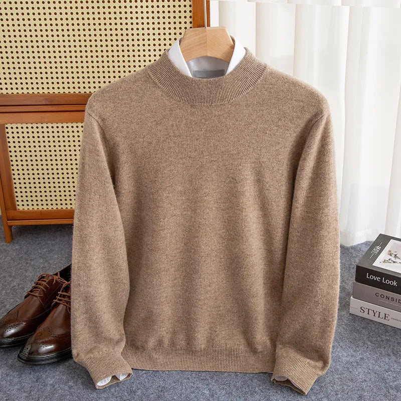 Men's half-collar wool sweater in a loose fit, shown in a choice of colours including black, brown, camel, and grey.