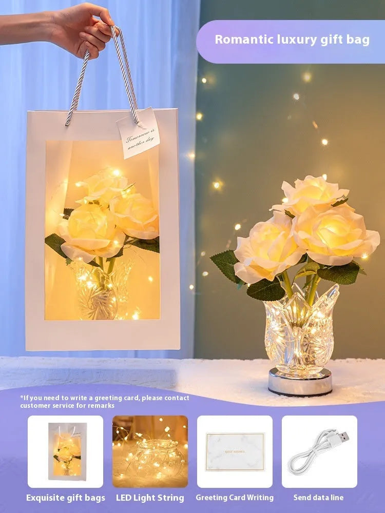 Crystal flowers decorative table lamp with USB charging port and touch-sensitive base for dimming.