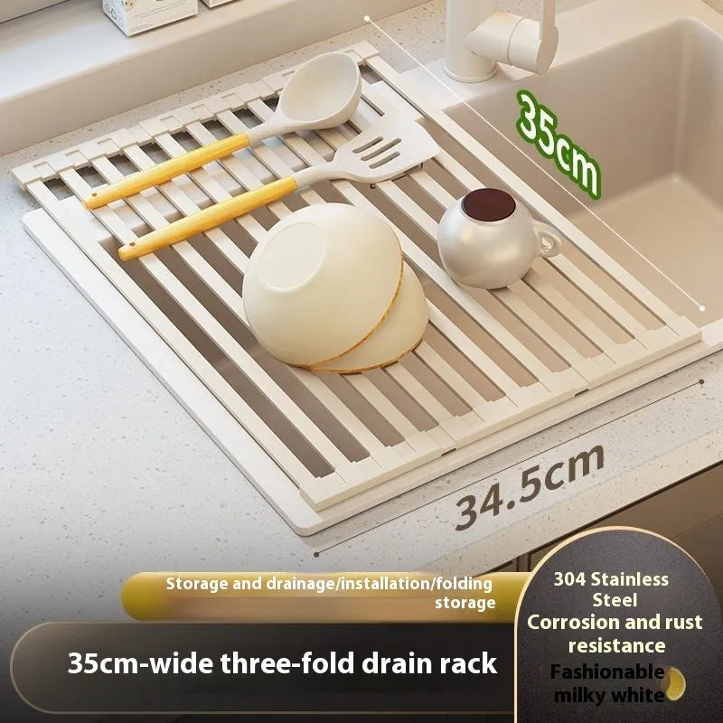 304 stainless steel kitchen draining rack with milky white finish and tri-fold design