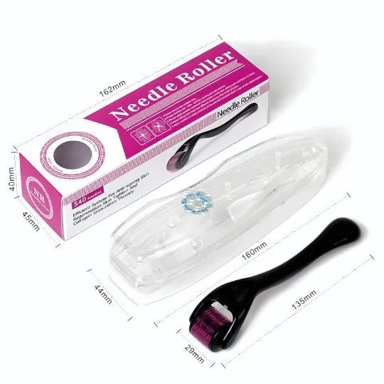 Black derma roller with titanium microneedles showing six size options from 0.2mm to 1.0mm