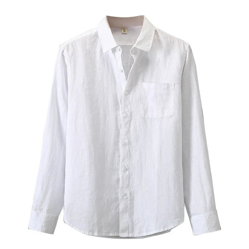 Long sleeve loose-fit linen cardigan shirt in Chinese style on a hanger