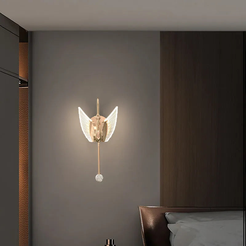 Gold modern swan-shaped wall-mounted bedside lamp with acrylic shade and dimmable LED light.