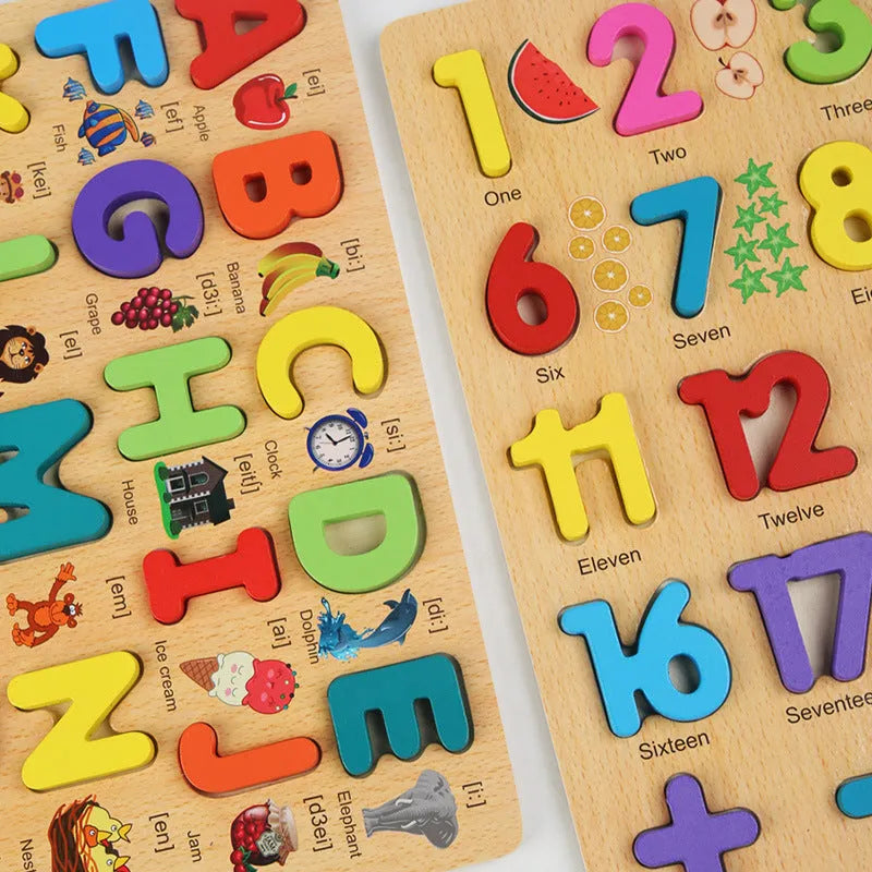 Wooden children's numbers puzzle letters cognitive pairing building block toy in C Shape colour with blister packaging