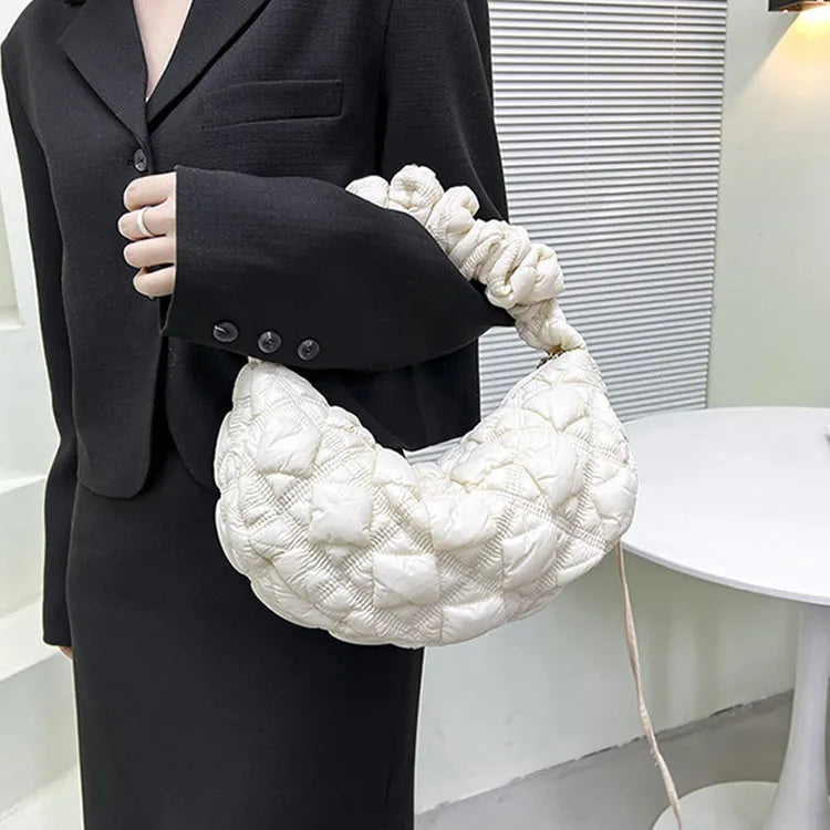 Women's casual nylon underarm messenger bag in beige colour showing dimensions and adjustable shoulder strap