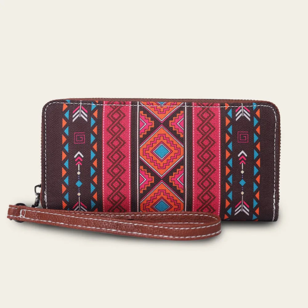 Bohemian striped canvas RFID wallet in beige colour showing card slots and wind belt design