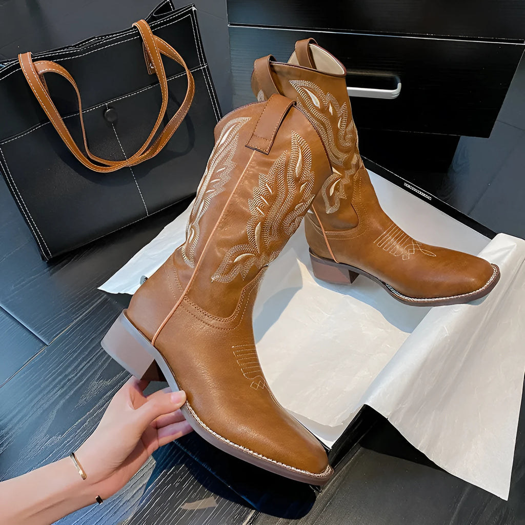 Brown women's embroidered mid-calf Martin boots with leather lining and rubber sole