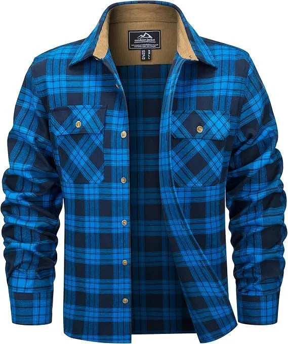 Man wearing a long-sleeved plaid flannel shirt in a cardigan style with a button-up front.