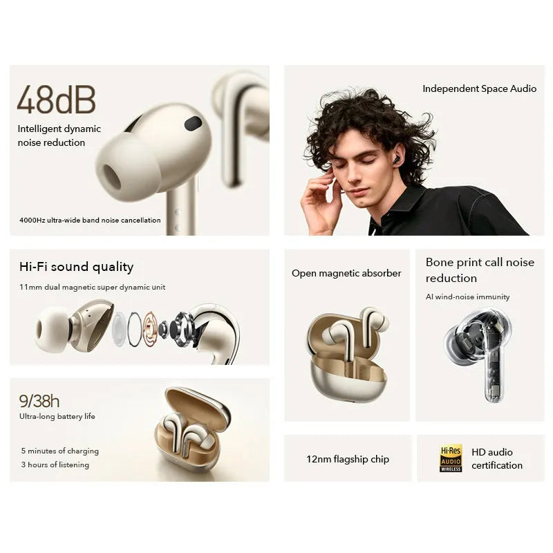 Black true wireless Bluetooth headset with active noise reduction and charging case