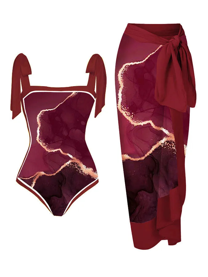Women's two-piece floral printed polyester swimsuit with matching hip skirt in conservative style